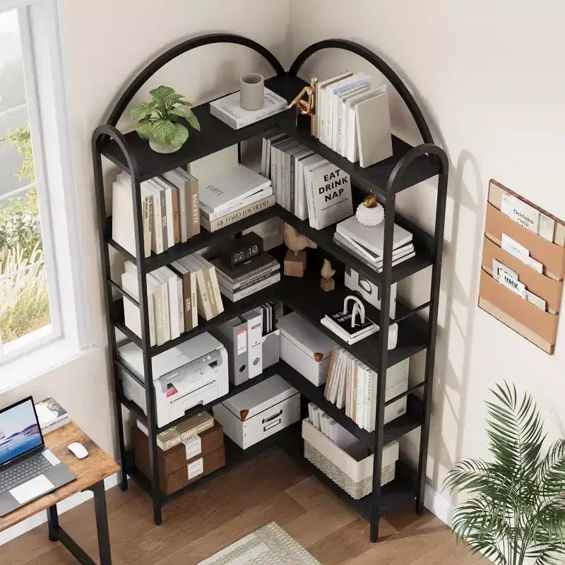 L-Shape Corner Bookshelf, 5-Tier Bookcase, Modern Display Shelf Book Shelves with Metal Frame, Freestanding Storage Shelves for Home Office Use