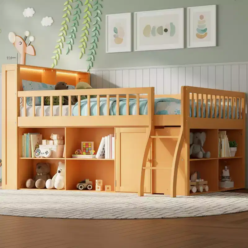 Modern Loft Bed with Soft LED Headboard Lighting & Ample Storage