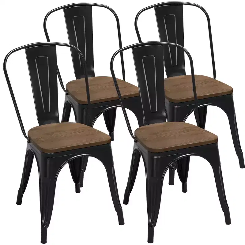 Yaheetech 4PCS Metal Frame and Wood Seat Stackable Dining Chairs with Backrest Footrests