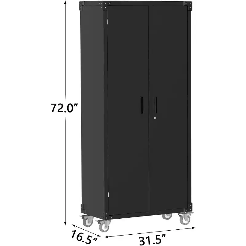 Metal Storage Cabinet with Wheels, Lockable Steel Garage Cabinet with Pegboard & 4 Adjustable Shelves, Deep Black