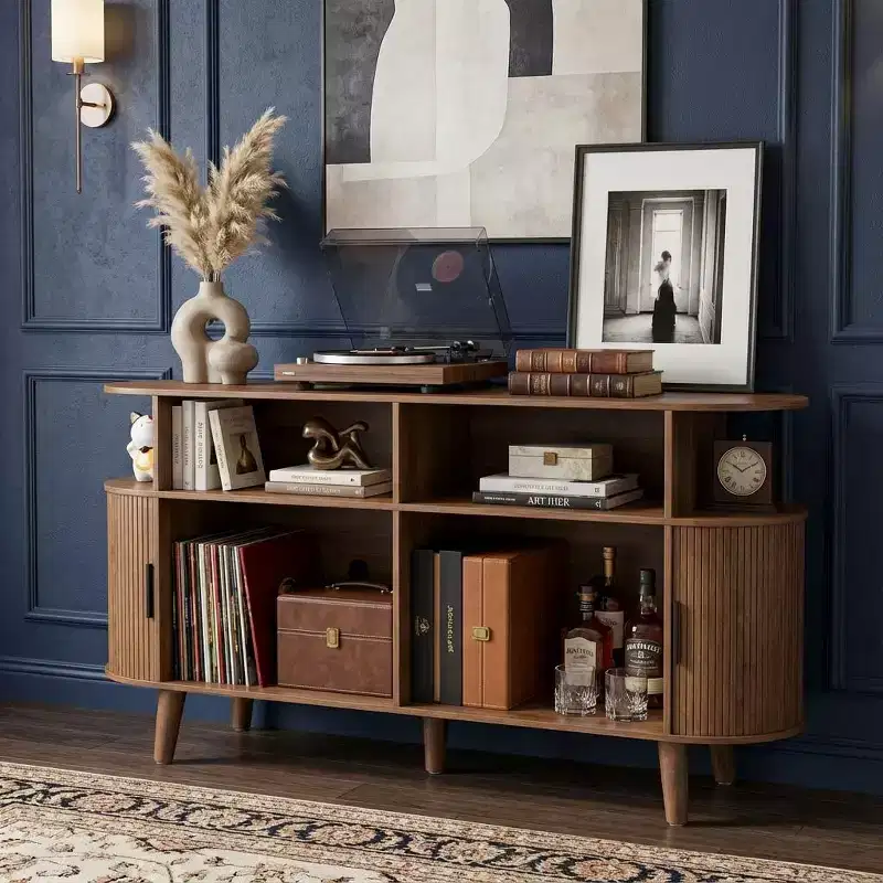 Mid-Century Modern Fluted Record Player Stand Large Cabinet with Vinyl Storage, Open Shelves, C Turntable Table for Living Room
