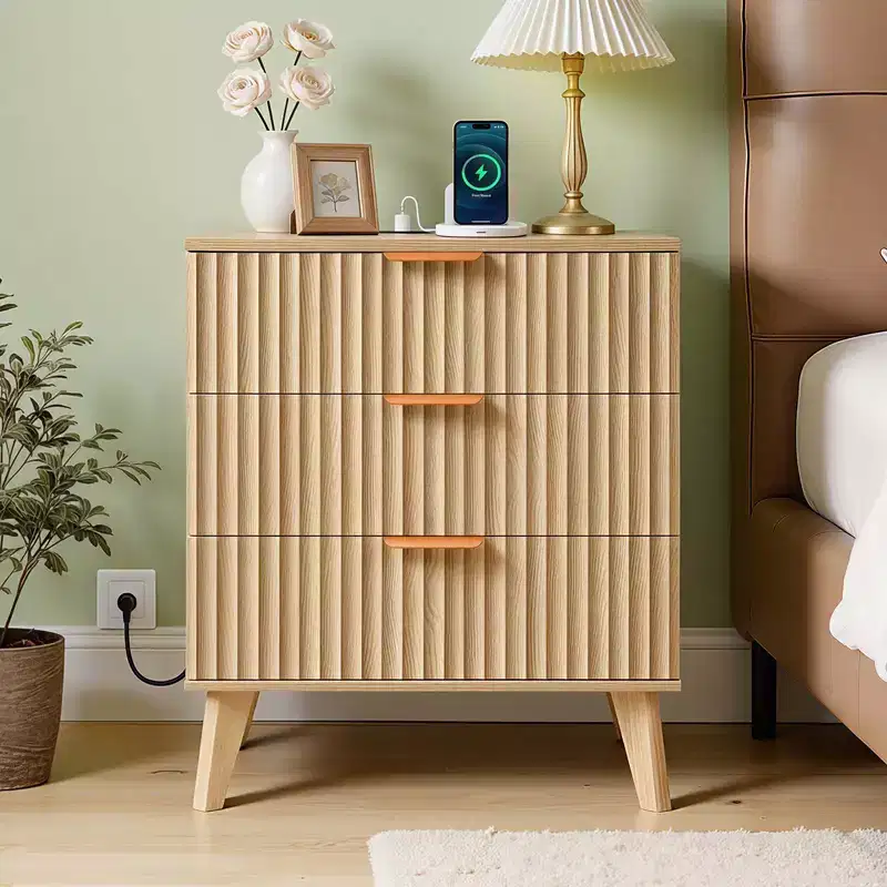 VEVOR Fluted Nightstand with Charging Station, with 3 Drawers, Dresser for Bedroom, Mid Century Modern End Table, Chest of Dresser, Brown