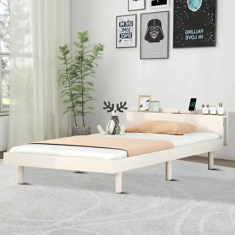 Twin Size Wooden Platform Bed Frame with USB Charging Port