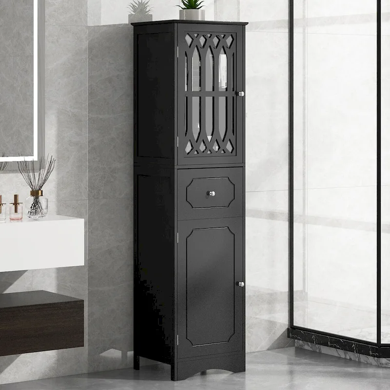 Freestanding Bathroom Storage Cabinet with Drawer and Doors, Adjustable Shelf