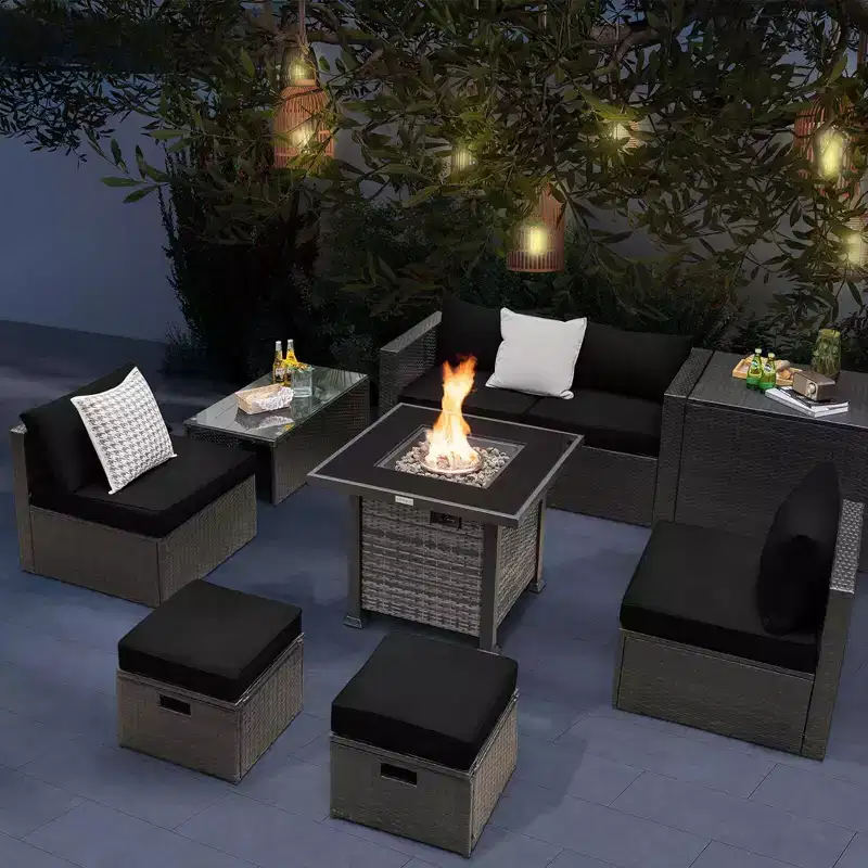 Costway 9 Pieces Patio Furniture Set with 50,000 BTU Propane Fire Pit Table Black/Gray/Navy/Red/White/Turquoise