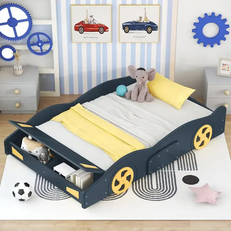 Full Pine Race Car Bed with Wheels and Storage