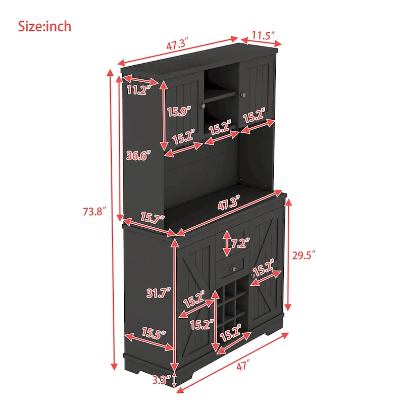 Coffee Bar Cabinet with Drawers, Freestanding Kitchen Pantry with Shelves and Cabinets, Buffet Cabinet with Glass Racks