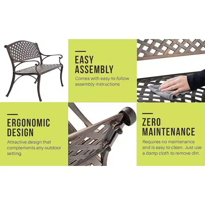 Balkene Home 61491 Patio Bench, Cast Aluminum, Lightweight & Sturdy, Garden/Backyard, Basketweave Design, Antique Bronze