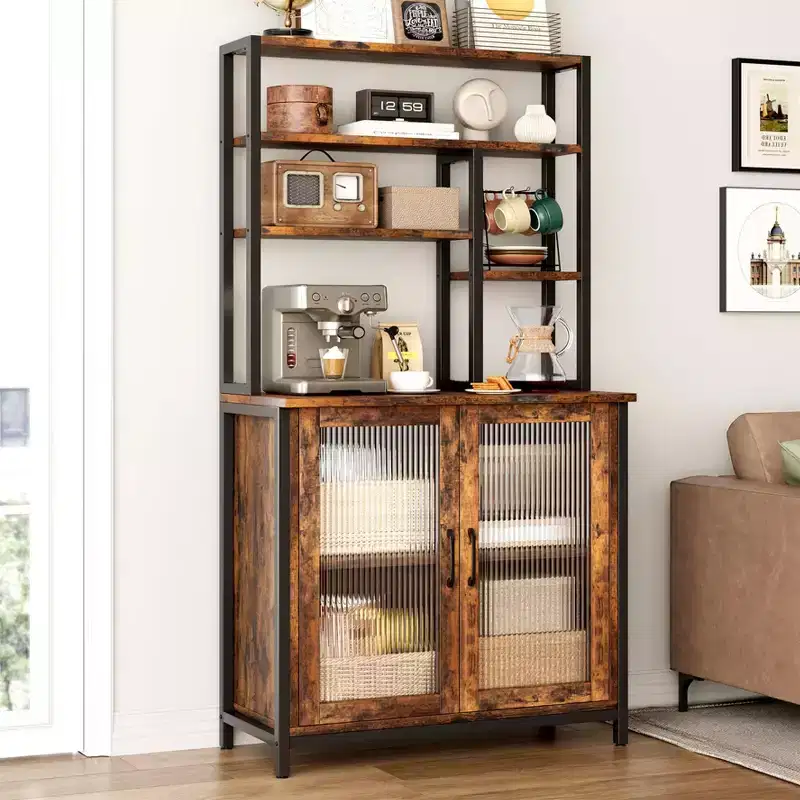 Vintage 5-Tier Bakers Rack with Cabinet & Microwave Stand, 63.78 Kitchen Storage Shelf with Hooks & Door, Large Coffee Bar Station