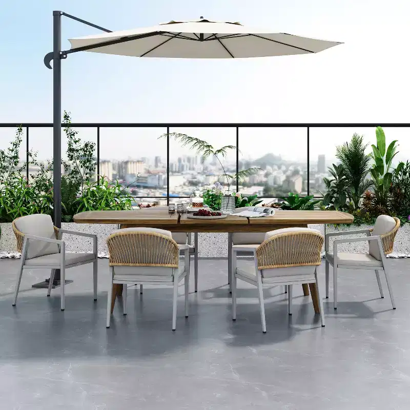 7-Piece Outdoor Dining Set Patio Set with PE Rattan Dining Chair and Extendable Dining Table, Acacia Wood, Gray+Natural-ModernLuxe