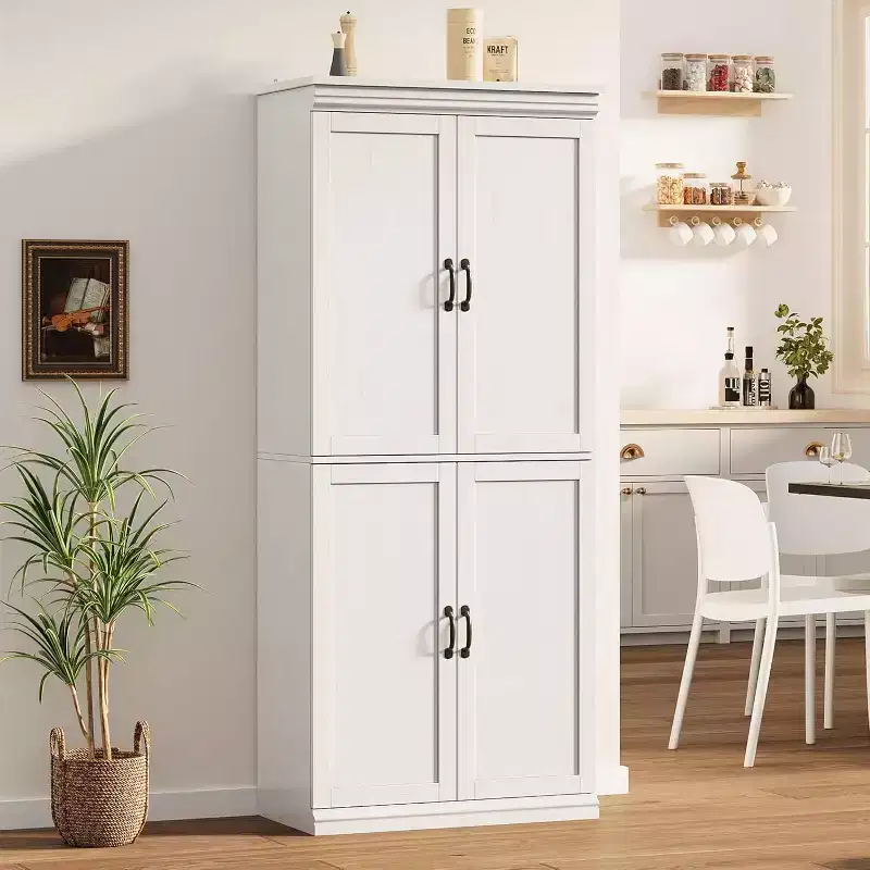 Tall kitchen storage cabinet with doors and adjustable shelves, freestanding cabinet, suitable for bathrooms, dining rooms, and living rooms.