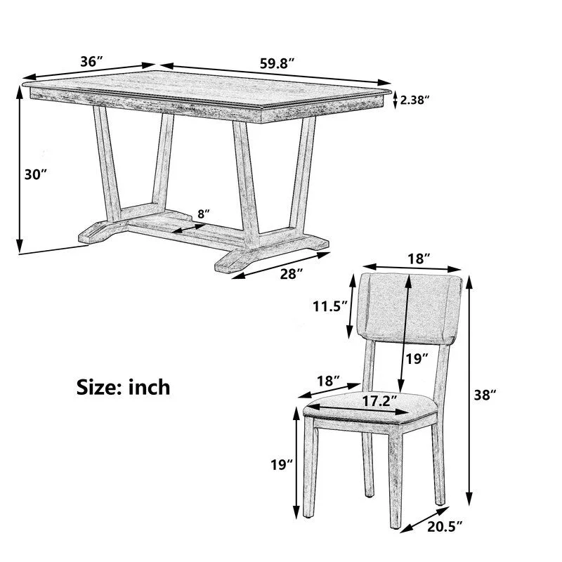 Rustic 5-piece Dining Table Set with 4 Upholstered Chairs, 59-inch Rectangular Dining Table with Trestle Table Base