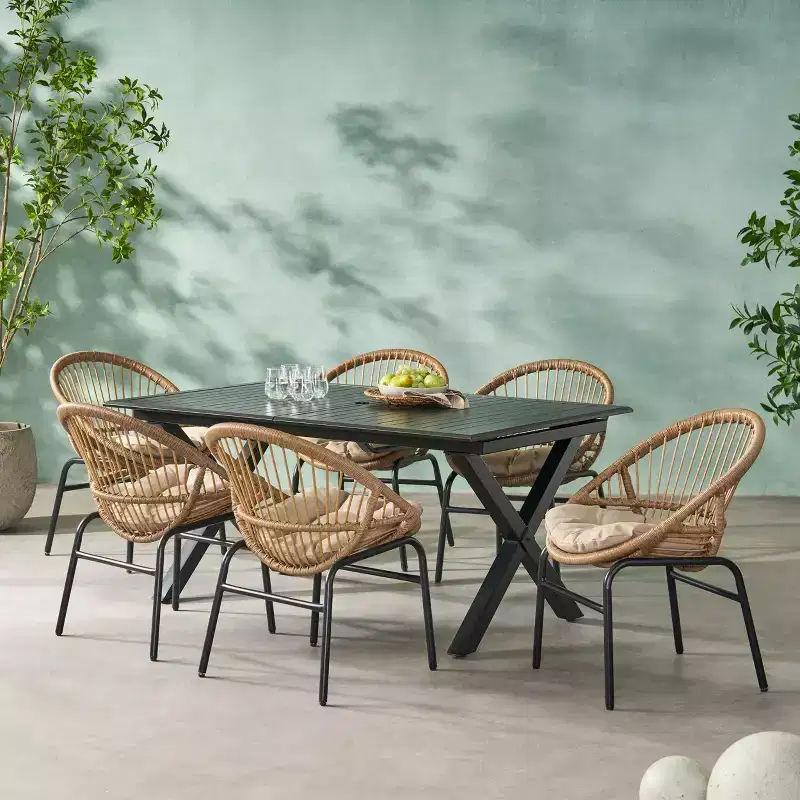 GDFStudio Benway Outdoor Wicker and Aluminum 7 Piece Dining Set with Cushion, Light Brown/Black