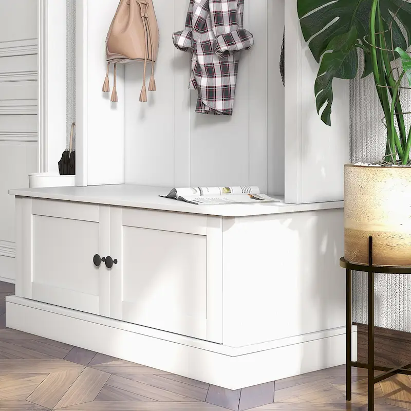 HOMCOM Freestanding Hall Tree, Entryway Bench with Coat Rack, Shoe Cabinet and Top Shelf