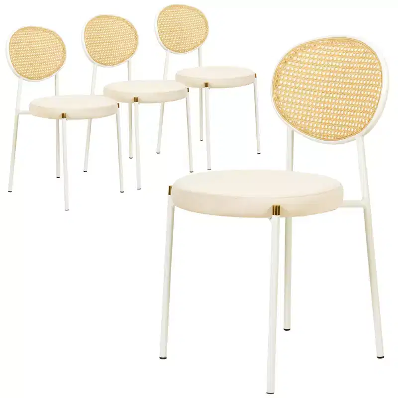 LeisureMod Euston Velvet Rattan Open Back Dining Chairs Set of 4  Stainless Steel Base, Comfortable Modern Seating for Kitchen, Dining Room, Cafe