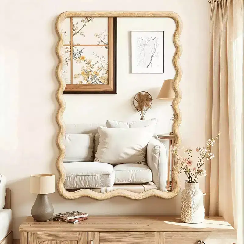30x20 Wavy Wall Mirror with Wooden Frame, Boho Style for Bathroom, Bedroom, Entryway & Farmhouse