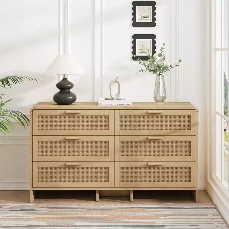 51.18-inch Solid Wood Curved Corner Rattan Cabinet with 6 Deep Drawers