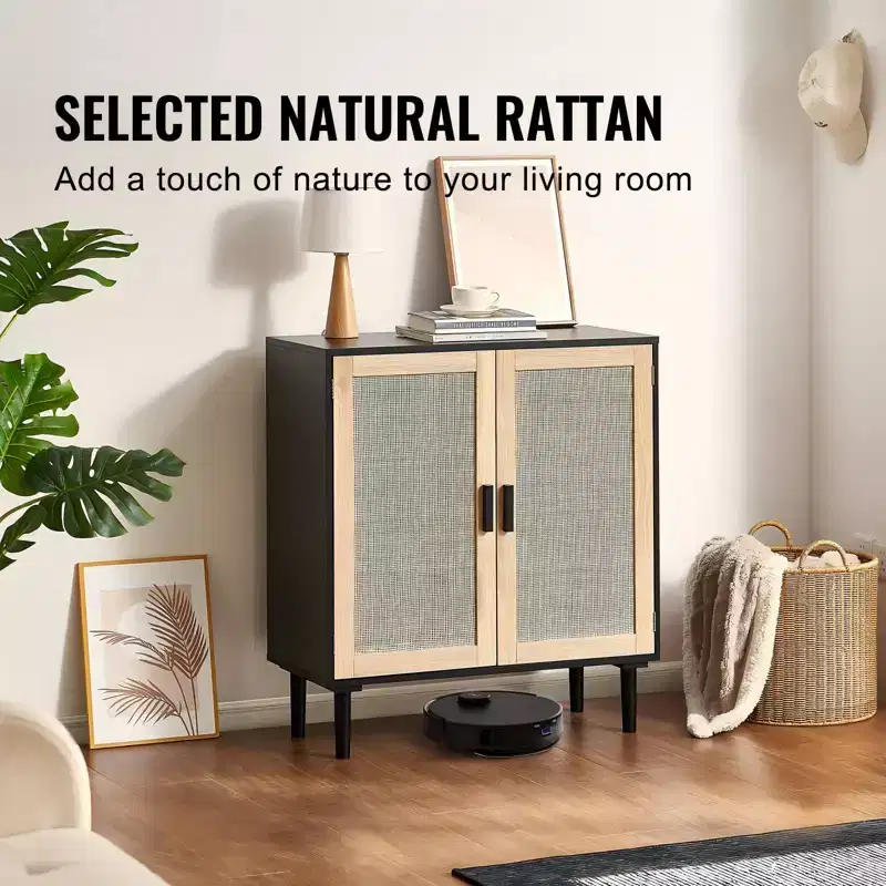Rattan Storage Cabinet with 2 Magnetic Doors and Adjustable Shelves Sideboard Buffet Black
