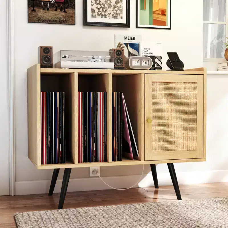 Costway Record Player Stand w/ Charging Station & Rattan Cabinet Adjustable Shelf
