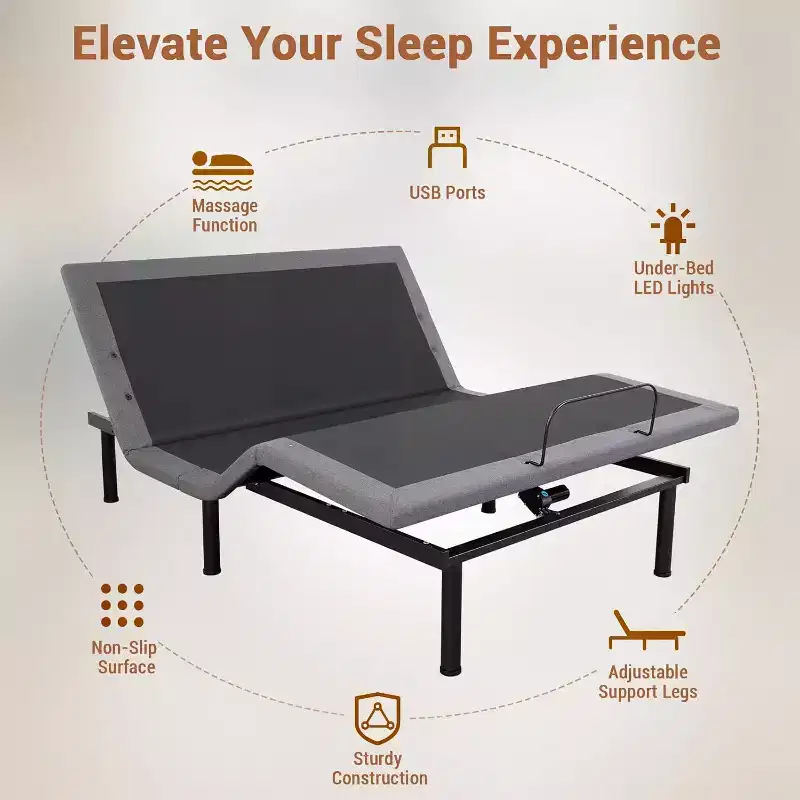 Adjustable Bed Base Frame,Head and Foot Incline,Ergonomic Bed Frame with 2 USB Ports & LED Nightlight,Massage & Wireless Remote,Quiet Motor,Black