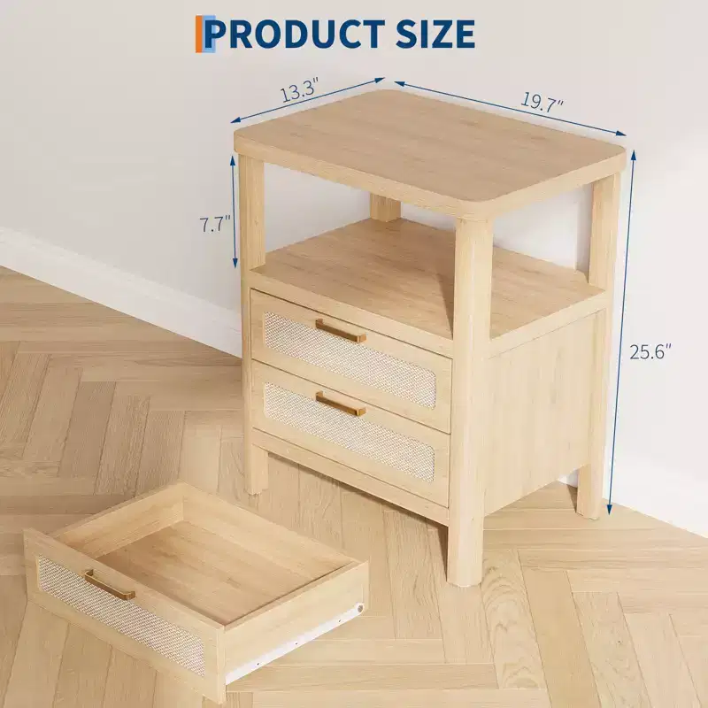 Rattan Nightstand Set of 2, Modern Bedside Table with 2 Drawers & Open Shelf, Wooden Sofa Side Table for Living Room Bedroom Office