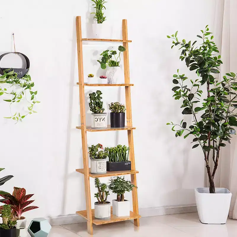 5-Tier Bamboo Ladder Shelf, Leaning Bookshelf with Open Display, Natural
