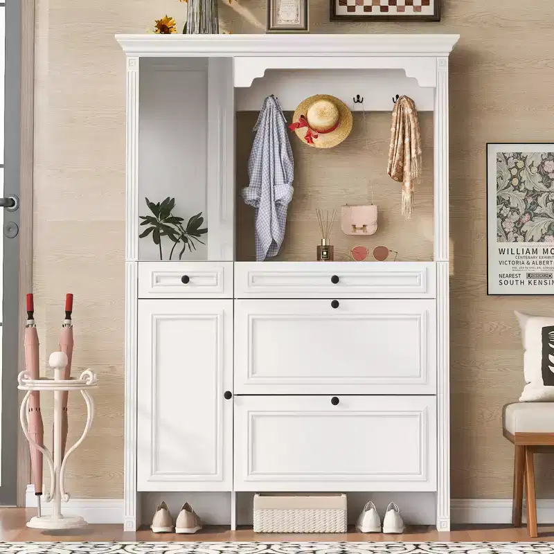 ModernLuxe 4-in-1 Hall Tree White Entryway Shoe Cabinet Mudroom Coat Rack with 4 Hooks, Mirrored Cabinet Door, 2 Flip Drawers & 2 Cabinets