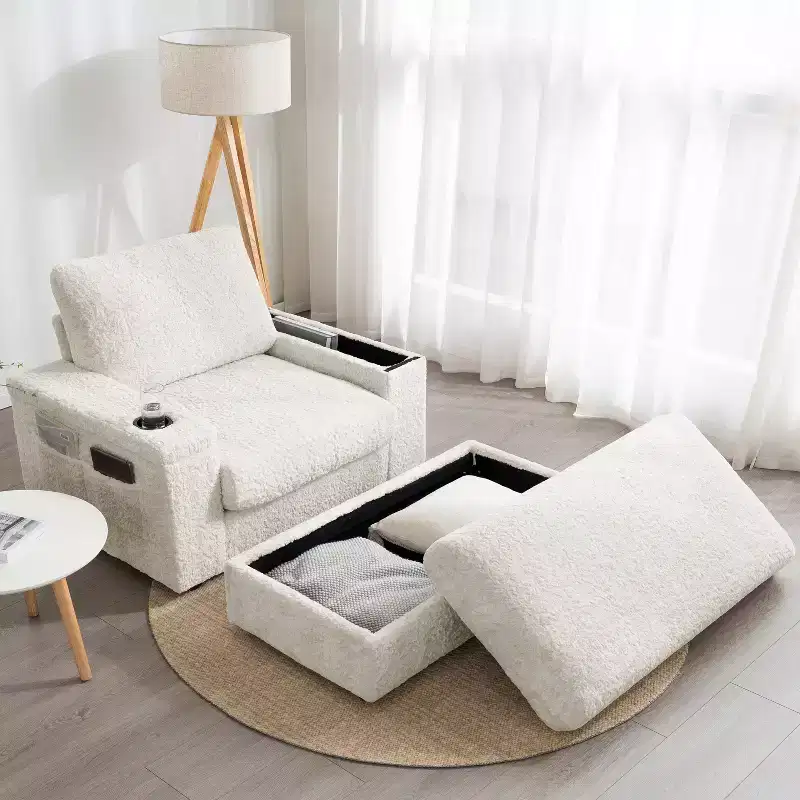 Oversized Faux Rabbit Fur Chaise Lounge Sofa Bed with Storage, Armrests & Cup Holders