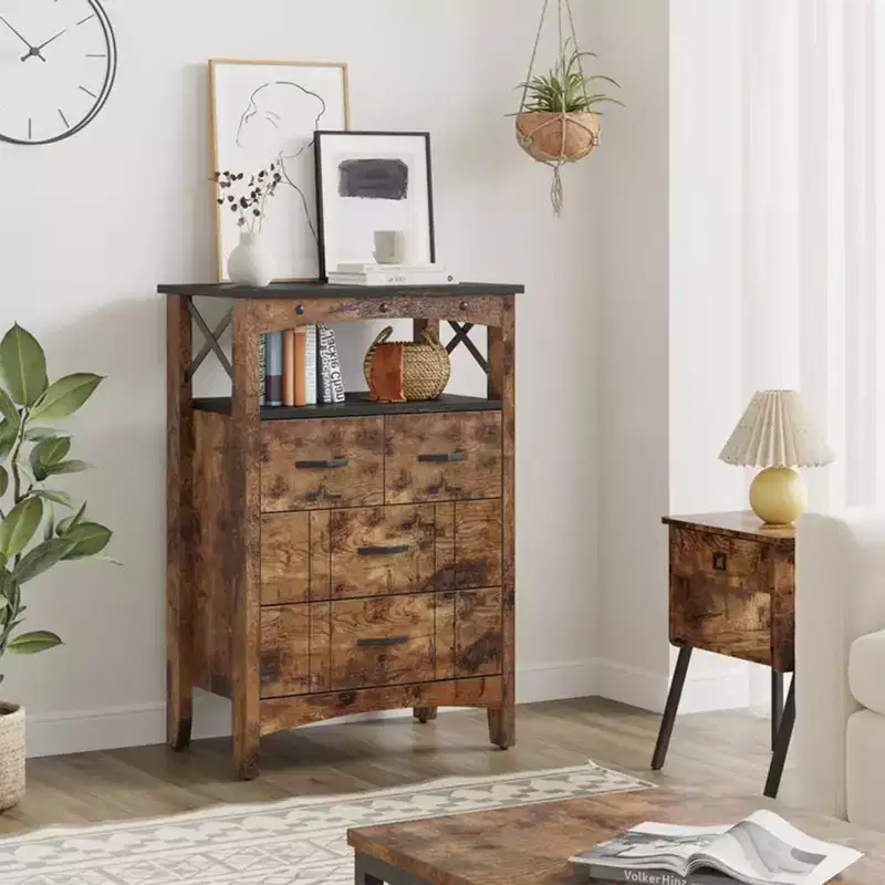 Rustic Storage Cabinet with 2 Shelves and 4 Drawers – Dark Brown