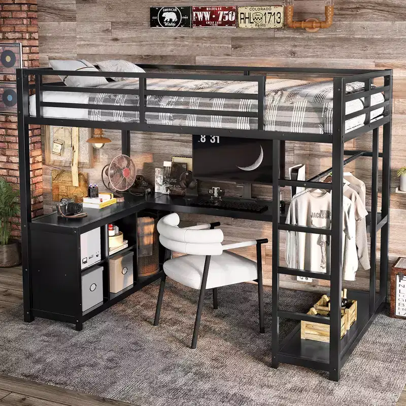 Metal Loft Bed with Wardrobe and L-shaped Desk Twin Size Loft Bed with Storage Cubes and Shelves Loft Bed for Kids Teens Adults Black