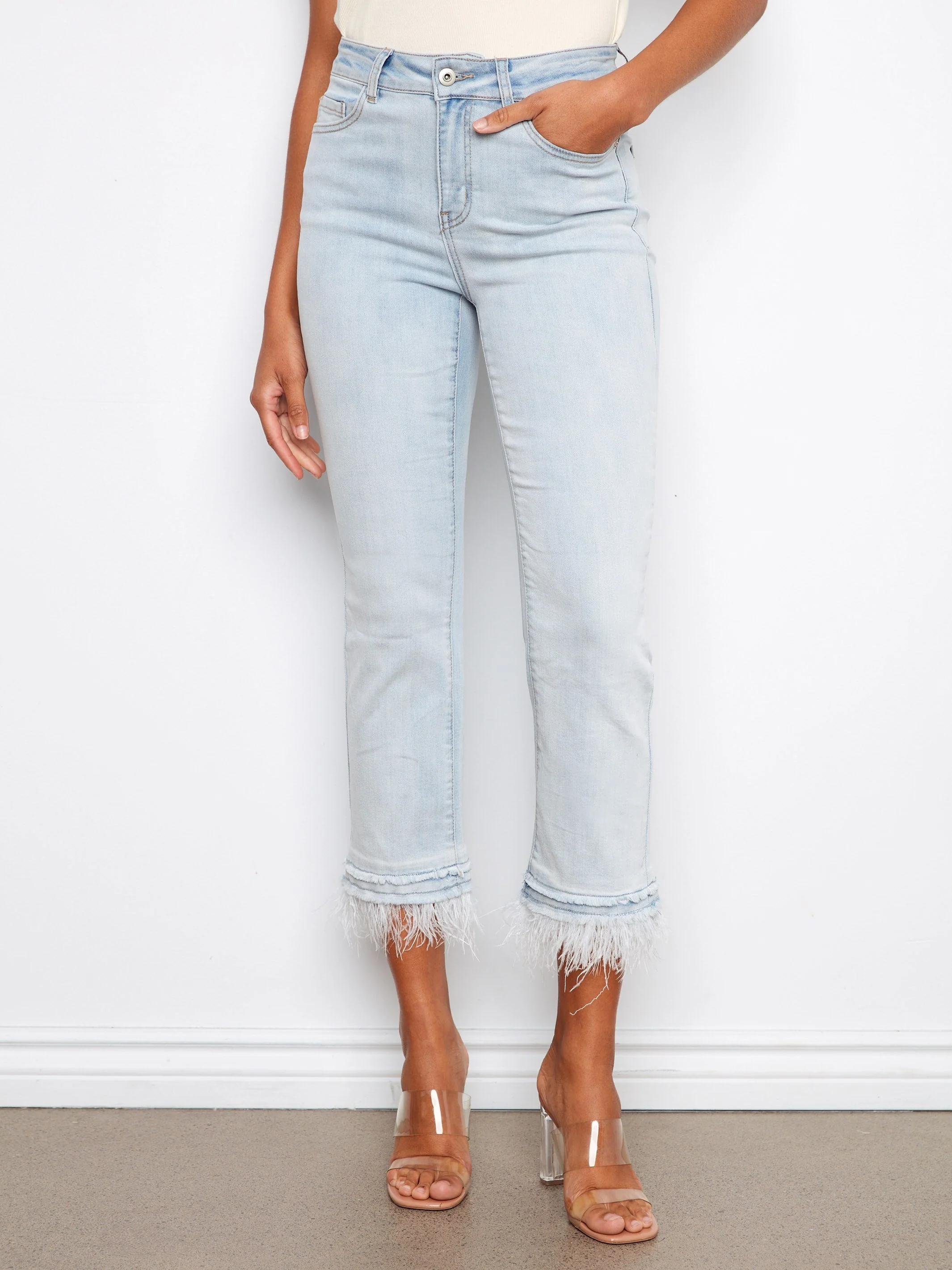 Cropped Jeans With Removable Feather Hem - Bleach Blue