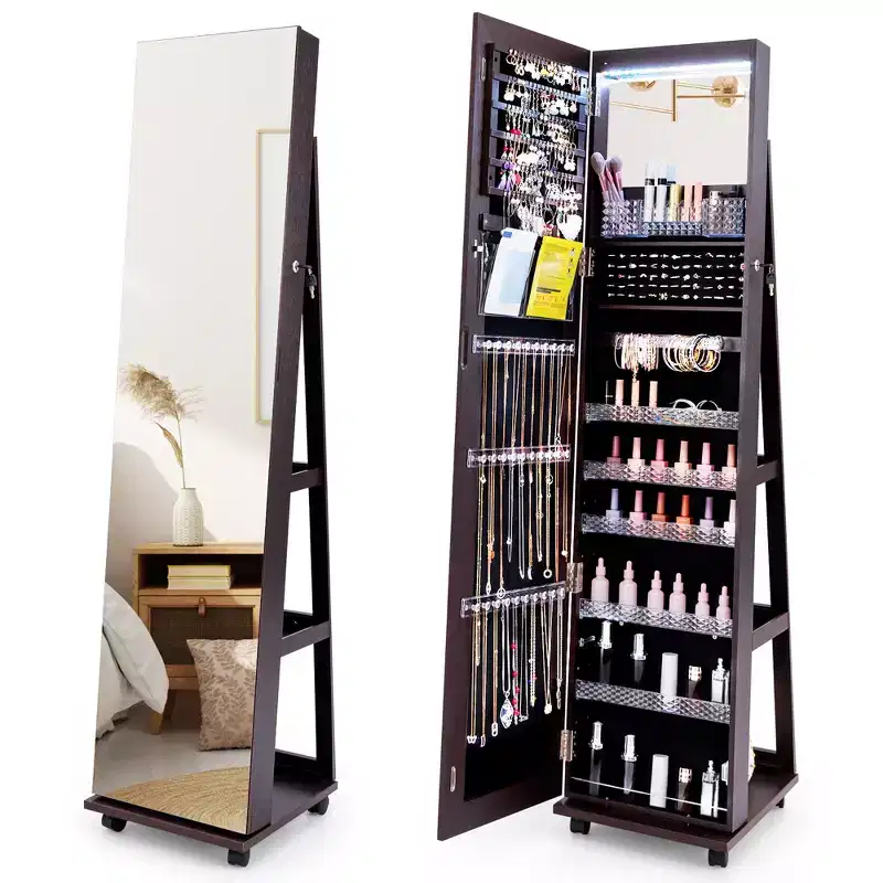Costway 64 Jewelry Cabinet Armoire w/ 3-Color Lights Adjustable Shelves & Wheels
