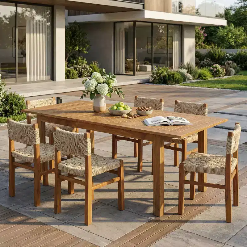 Christopher Knight Home Wriby Modern 7 Piece Patio Acacia Dining Set with Expandable Slatted Table and Wicker Design