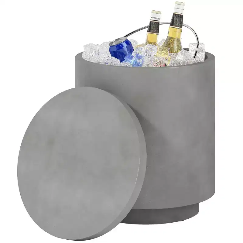 2.6 Gal Outdoor 3-in-1 Concrete Cooler Side Table with Storage, Removable Ice Bucket and Lid