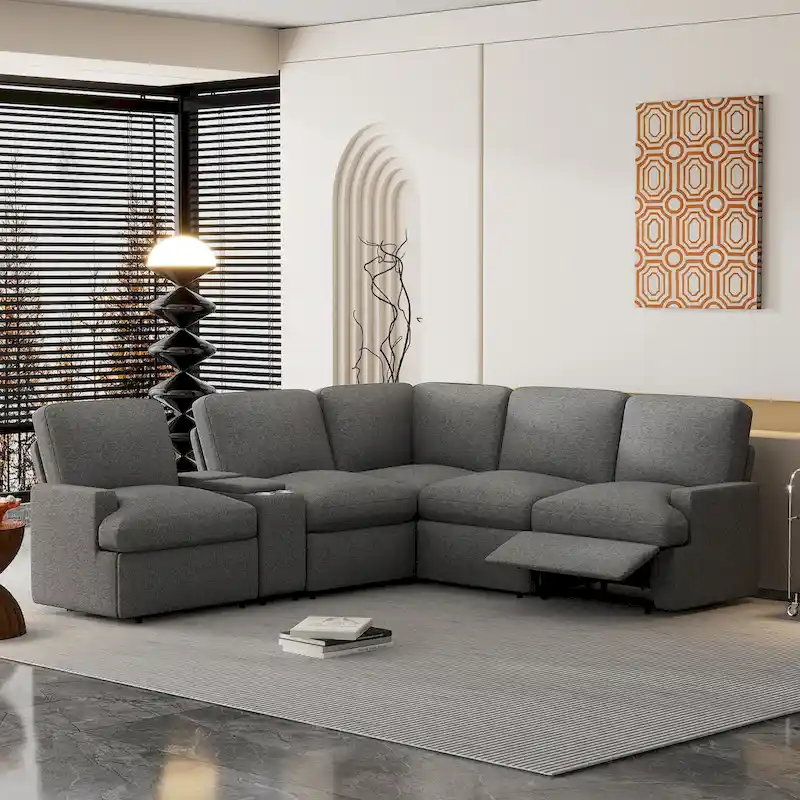 Dark Grey / Beige L-Shape Power Recliner Sectional Sofa, 4-Seater