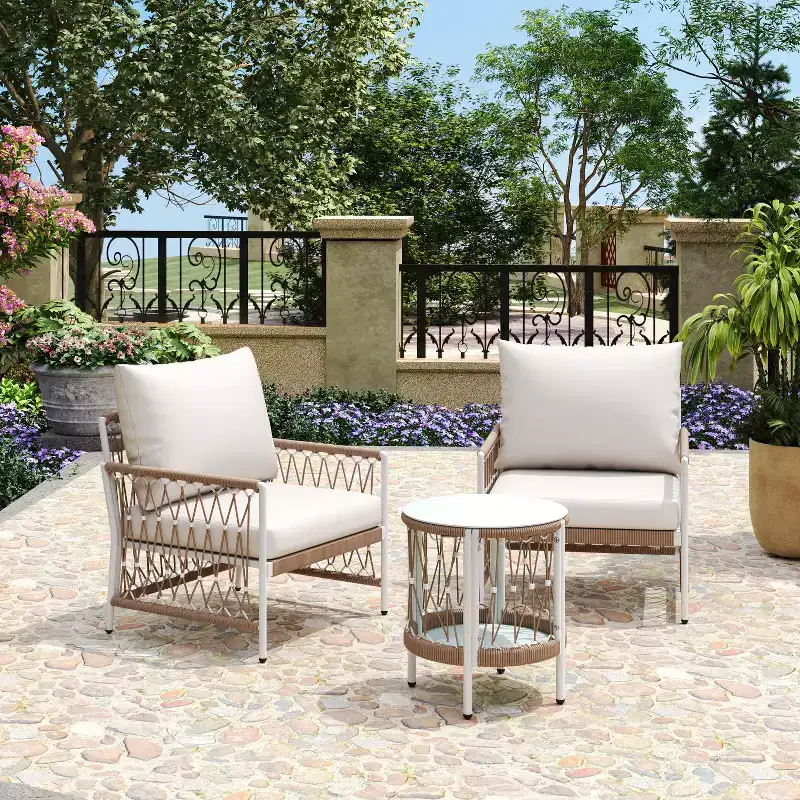 Christopher Knight Home Delphine Bohemian 3 Piece Patio Handwoven Rope Seating Set with Glass Top Side Table