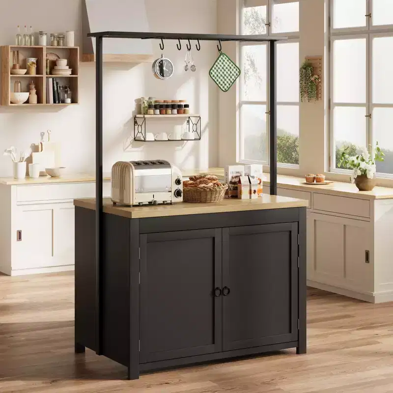 Kitchen Island with Storage 42 in - Heavy Duty Kitchen Cart,Mobile Kitchen Island with 2-Tier Shelves & 5 Hooks,Solid Wood Countertop for Small Spaces