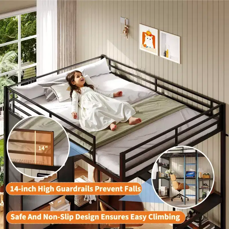 Queen Loft Bed with Built-In Desk, Metal Bed Frame with Wardrobe & Storage Shelves, Ladder, Guardrails