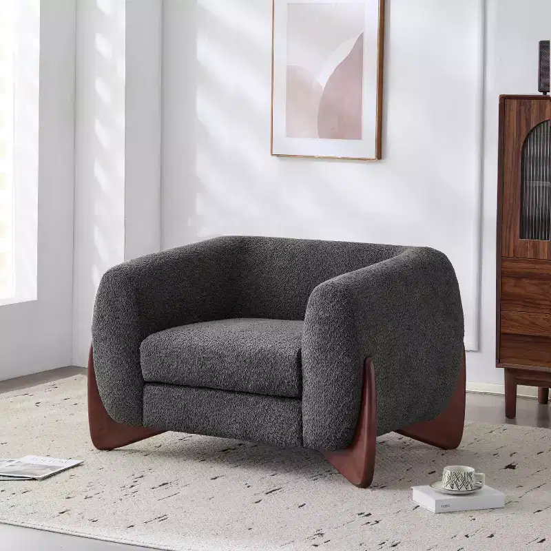 Birch Wood Boucle Upholstered Club Chair