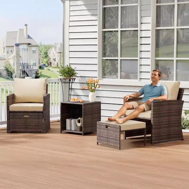 5-Piece High Back Patio Sofa Set, PE Rattan Outdoor Furniture with Soft Cushions, 2 Ottomans and Table, for Garden, Balcony, Porch, Poolside