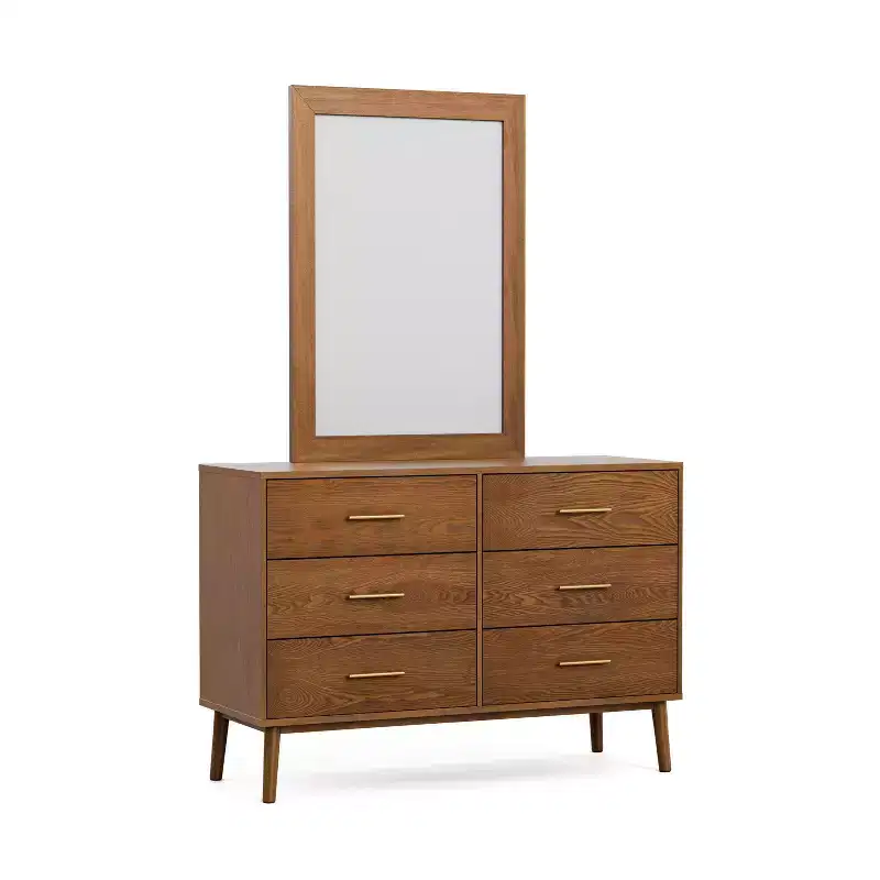 HOMES: Inside + Out 2pc Riverstone Mid-Century Modern 6 Drawer Dresser and Mirror with Anti Tip Interlock System Walnut
