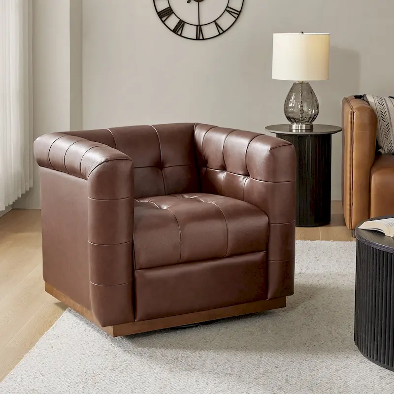 JeremiasMid-certury Modern GenuineLeatherTufted SwivelClubChair with Wooden Apron by HULALA HOME
