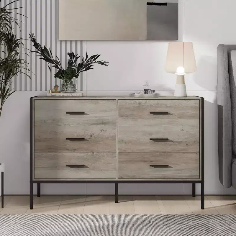 Modern Rattan Dresser for Bedroom with 6 Wide Drawers and Wood Handles, Chest Closet Storage Cabinet Organizer for Living Room Hallway Entryway