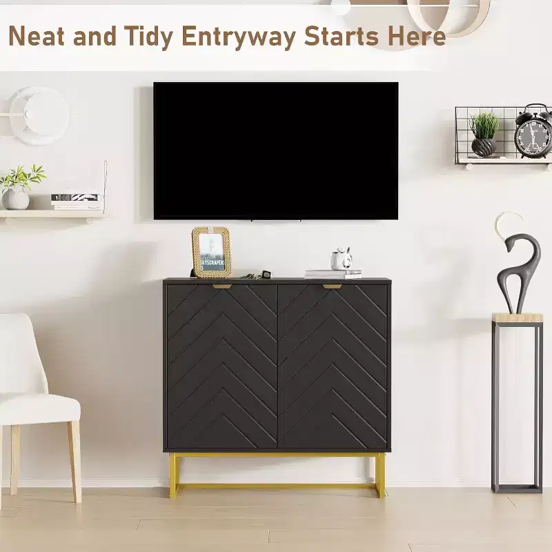 31.5W Modern Herringbone Wood Sideboard Buffet Cabinet with Gold Handles, 2-Door Credenza Console Table with Shelf for Dining Room and Entryway