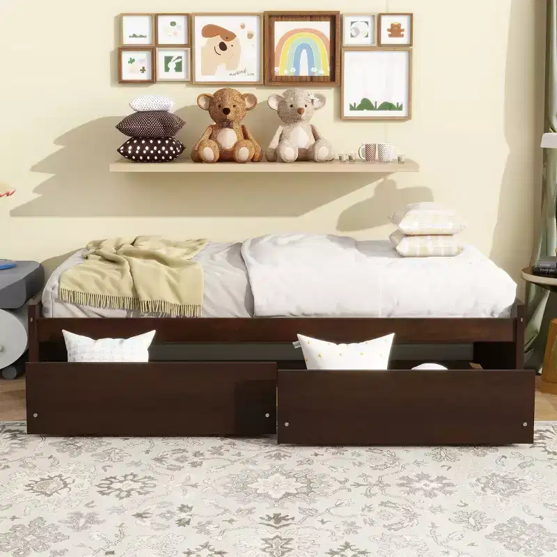Whisen Twin Bed with 2 Drawers Solid Rubber Wood