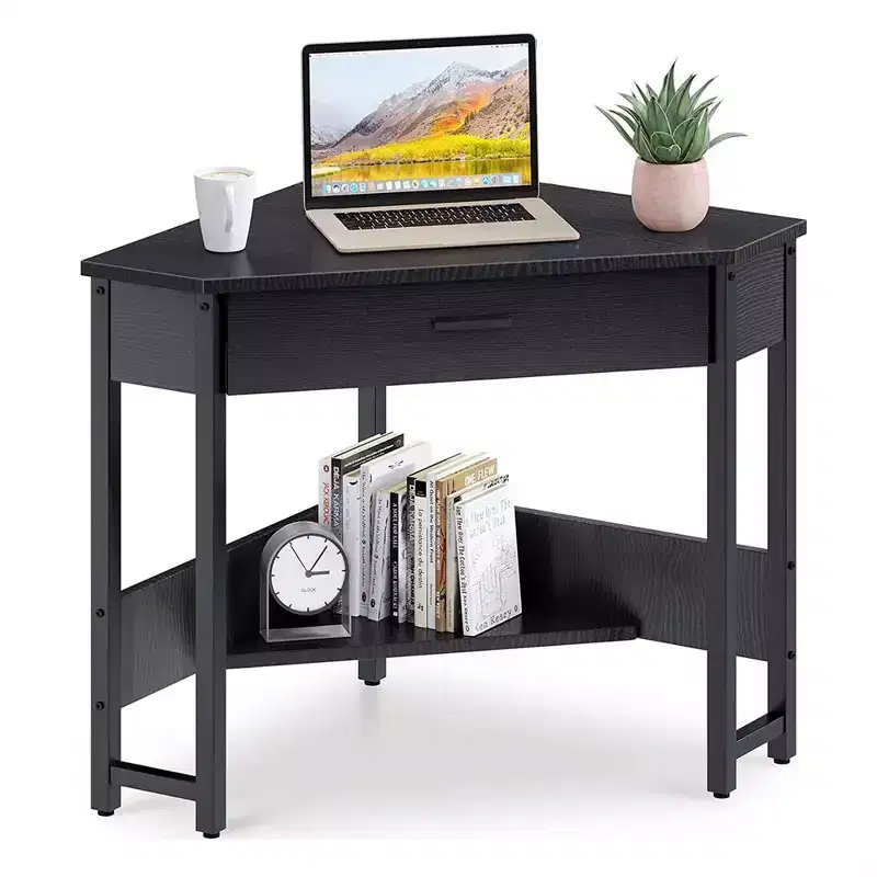 ODK B01XS01210-2 Modern Triangle Corner Fit Computer Workstation with Large Drawer and Bottom Display Shelf for Apartments, Studios, and Office, Black