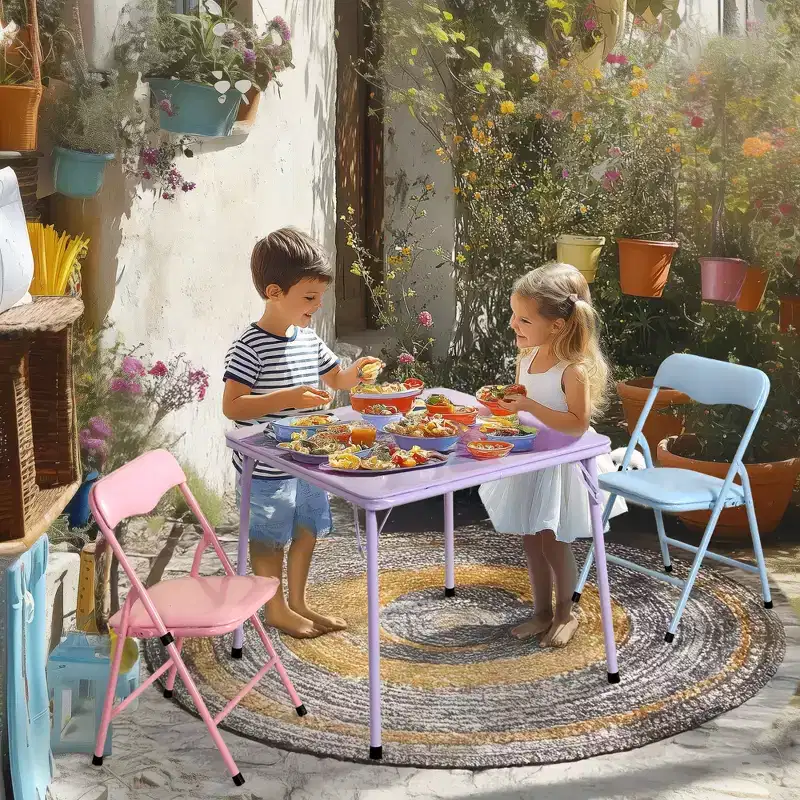 FurnitureR Kids Table and Chair Set, 3-Piece Metal Folding Table with 2 Chairs, Compact Play Table Set for Toddler Room, Playroom, Bedroom, Indoor Use