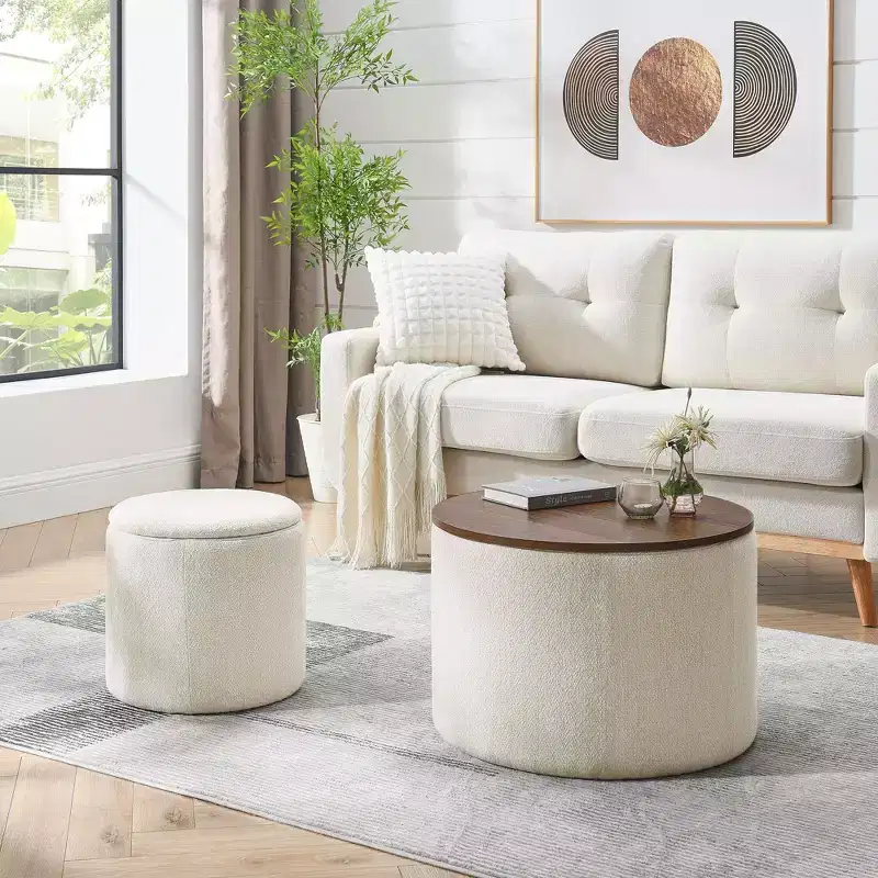 Round Chenille Storage Ottoman Bench 2PC, Coffee Table with Desktop Panel, Drum Shaped Small Stool Foot Rest for Living Room Bedroom