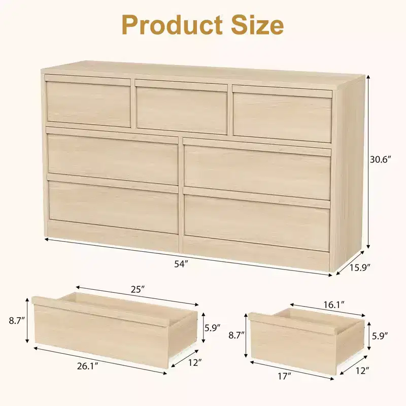 54 Wide Natural Oak 7-Drawer Dresser for Bedroom, Wooden Chest of Drawers with Large Storage, Closet Organizer Cabinet Furniture for Living Room