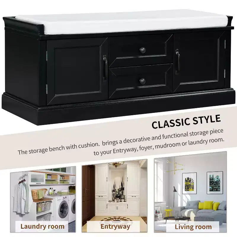 Storage Bench with 2 Drawers & 2 Cabinets, Retro Shoe Bench with Removable Cushion, Multi-Functional Storage Bench for Hallway, Entryway